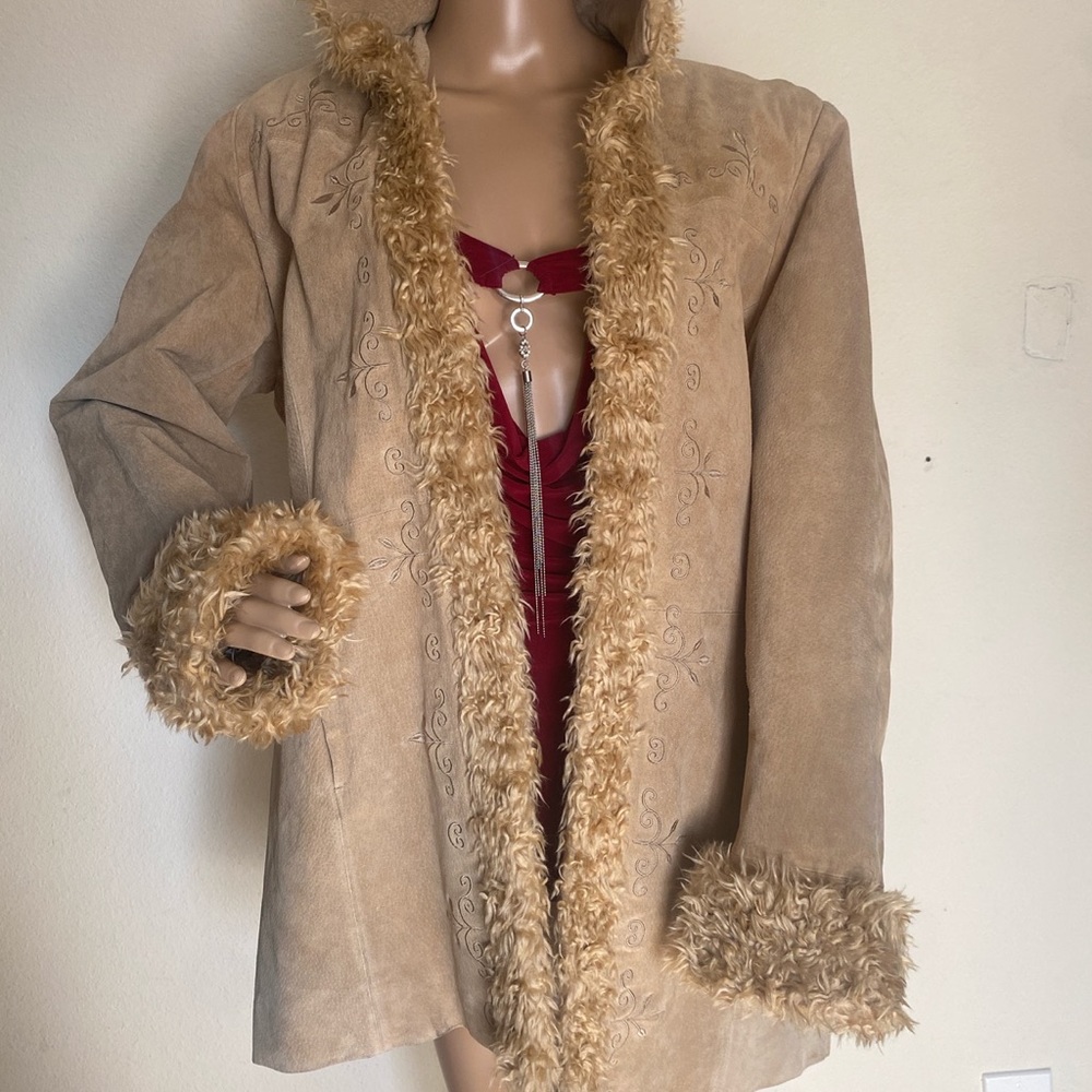 Tan suede oversized penny lane embroidered faux fur coat